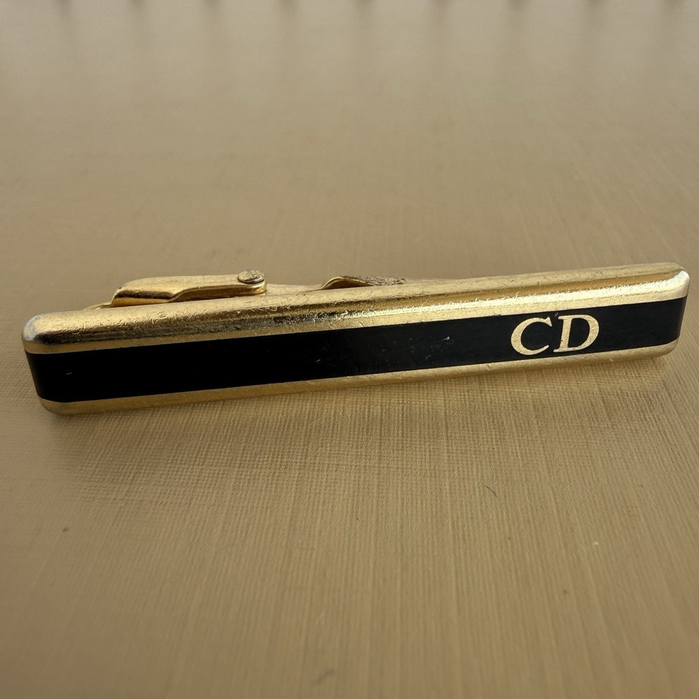 Vintage Christian Dior Black Enamel Gold CD Logo Tie Clip Bar Made in Germany